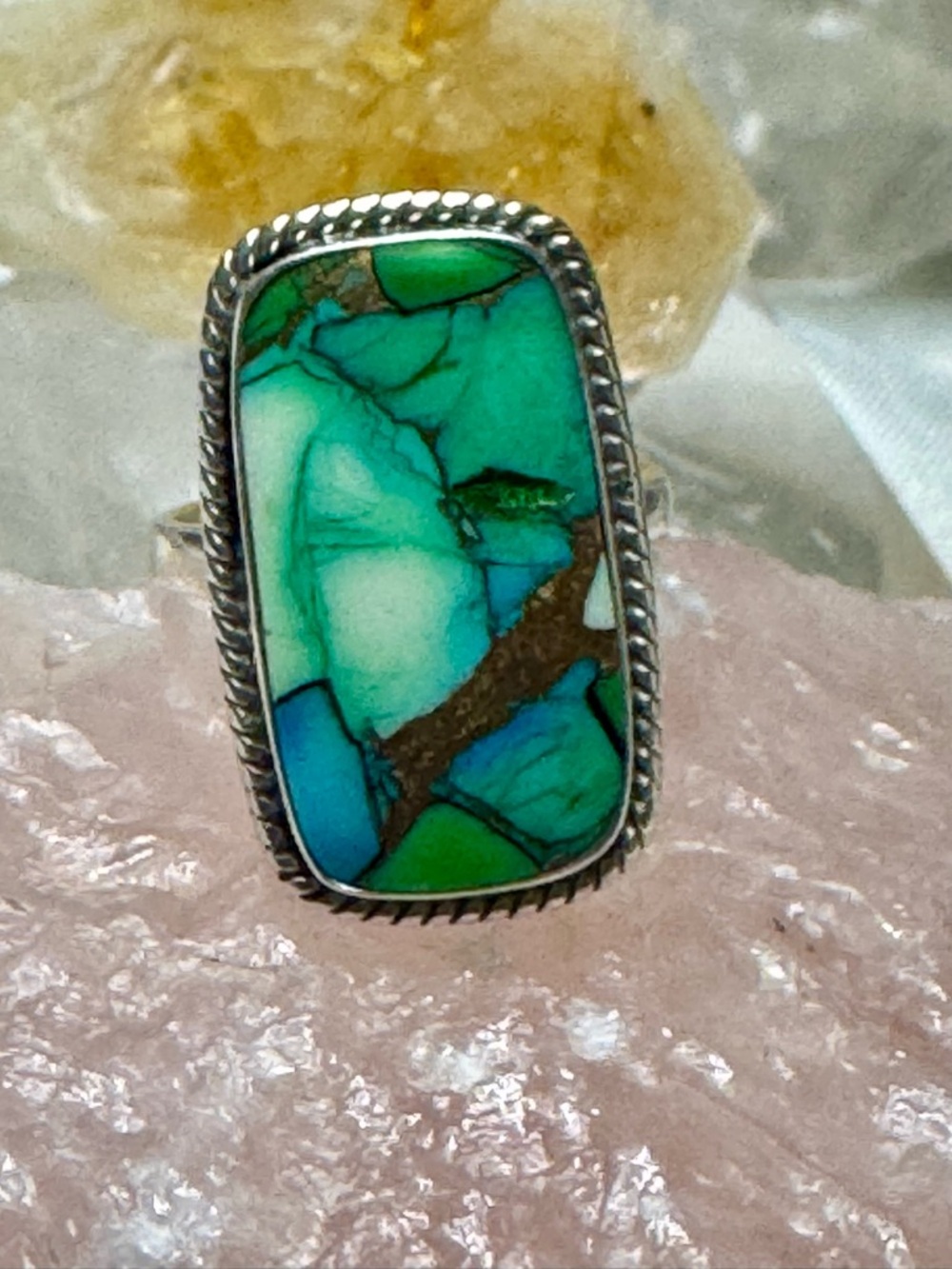Kingman Peacock Turquoise Dahlia Sterling Silver Southwestern Statement Ring